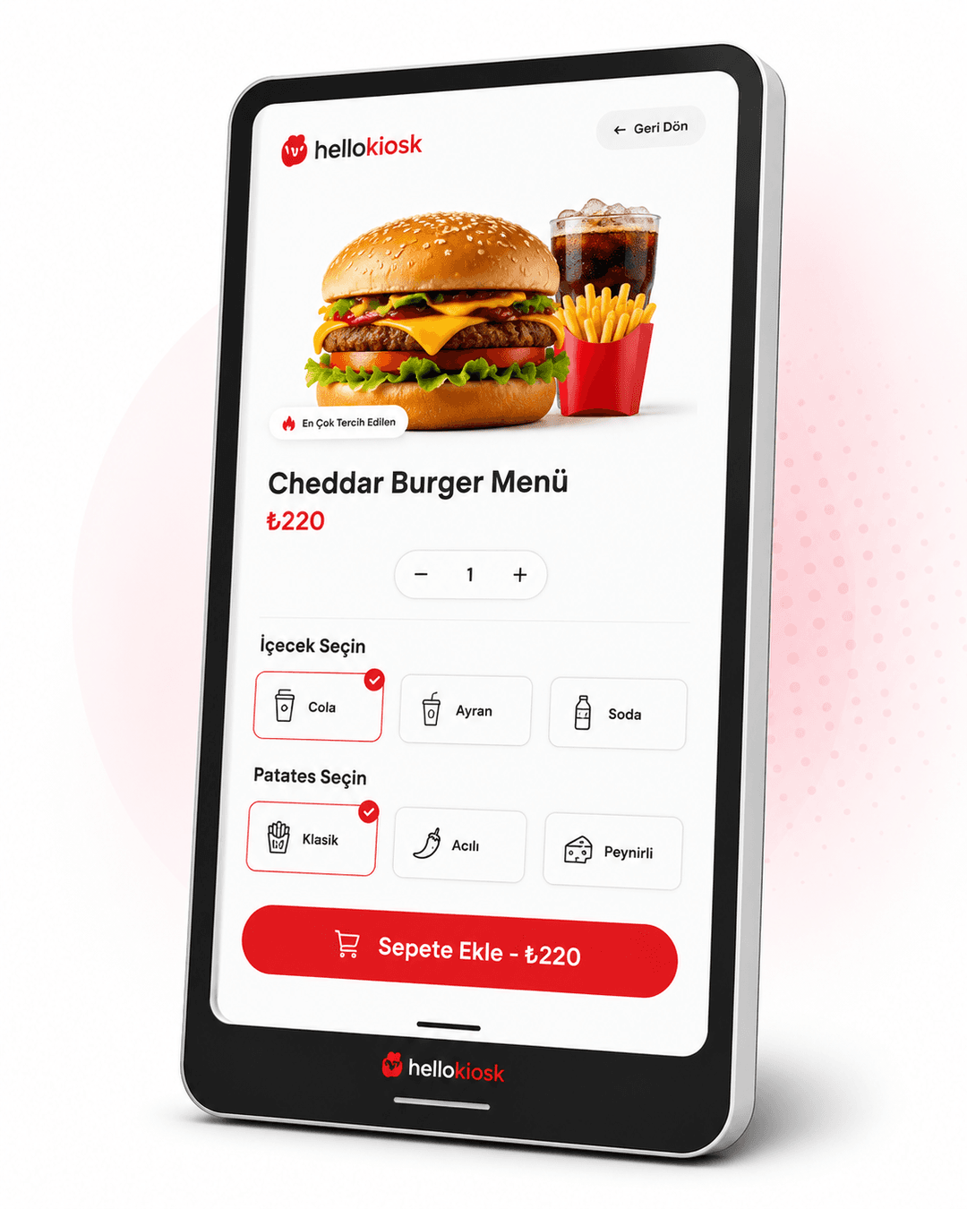 HelloKiosk ürün detay ekranı — Cheddar Burger Menü